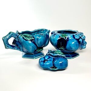 Vintage Blue Ceramic Fruit-Themed Home Sugar and Creamer Art Set